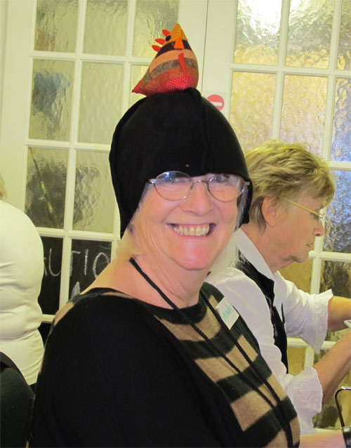 Brenda sporting the latest hat made in teh 2011 Christmas class in Emsworth